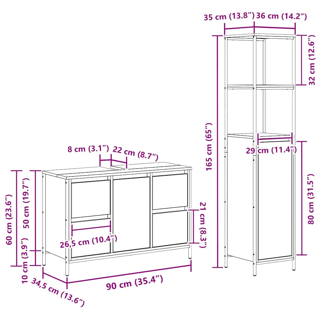 Badezimmermöbel-Set mit Regal 2 pcs Sonoma Eiche und Schwarz