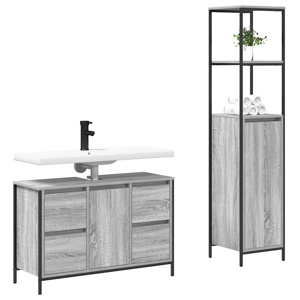 Badezimmermöbel Set mit Regal 2 pcs Grau Sonoma und Schwarz