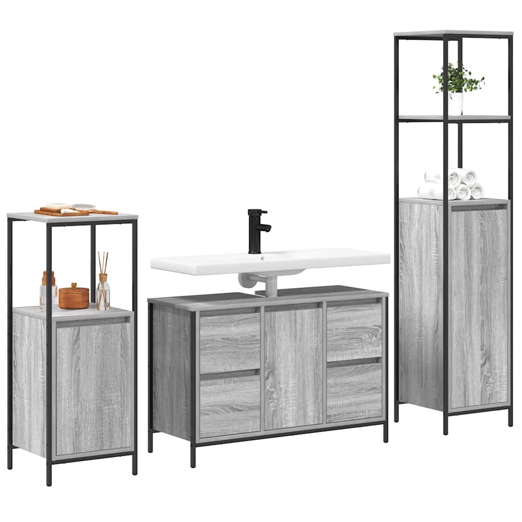 Badezimmermöbel-Set 3 stk. Grau Sonoma und Schwarz