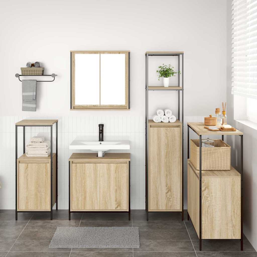 Badezimmermöbel-Set 5 stk. Sonoma Eiche und Schwarz