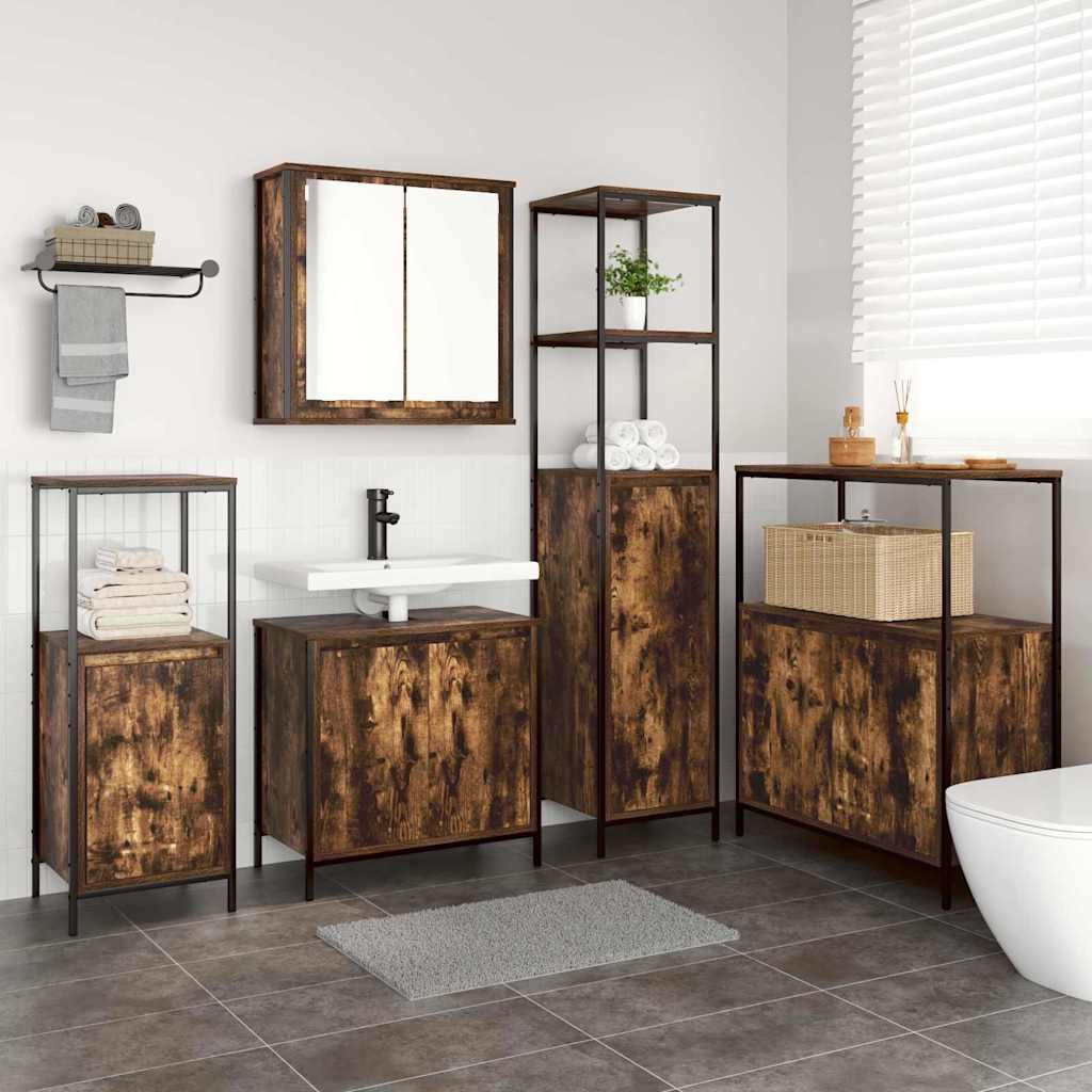 Badezimmermöbel-Set mit Tür 5 pcs Geräucherte Eiche und Schwarz