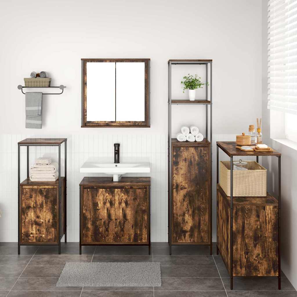 Badezimmermöbel-Set mit Tür 5 pcs Geräucherte Eiche und Schwarz