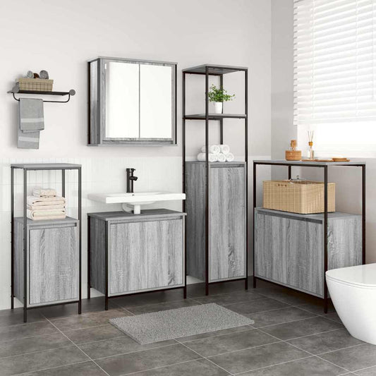 Badezimmermöbel Set mit Regal 5 pcs Grau Sonoma und Schwarz