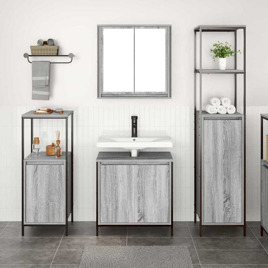 Badezimmermöbel Set mit Regal 3 pcs Grau Sonoma und Schwarz