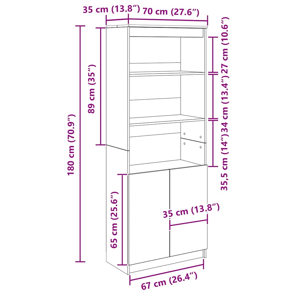 Highboard Schwarz Eichen-Optik 70x35x180 cm Holzwerkstoff