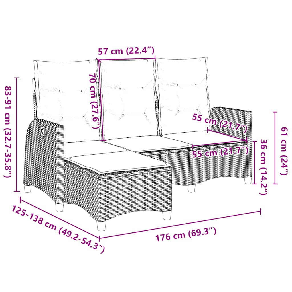 Gartensofa mit Liegefunktion Kissen L-Form Grau Poly Rattan