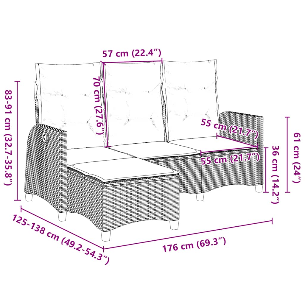 Gartensofa mit Liegefunktion Kissen L-Form Grau Poly Rattan