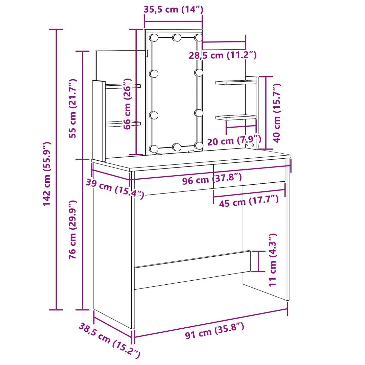 Schminktisch Schwarz Eichen-Optik 96 x 39 x 142 cm