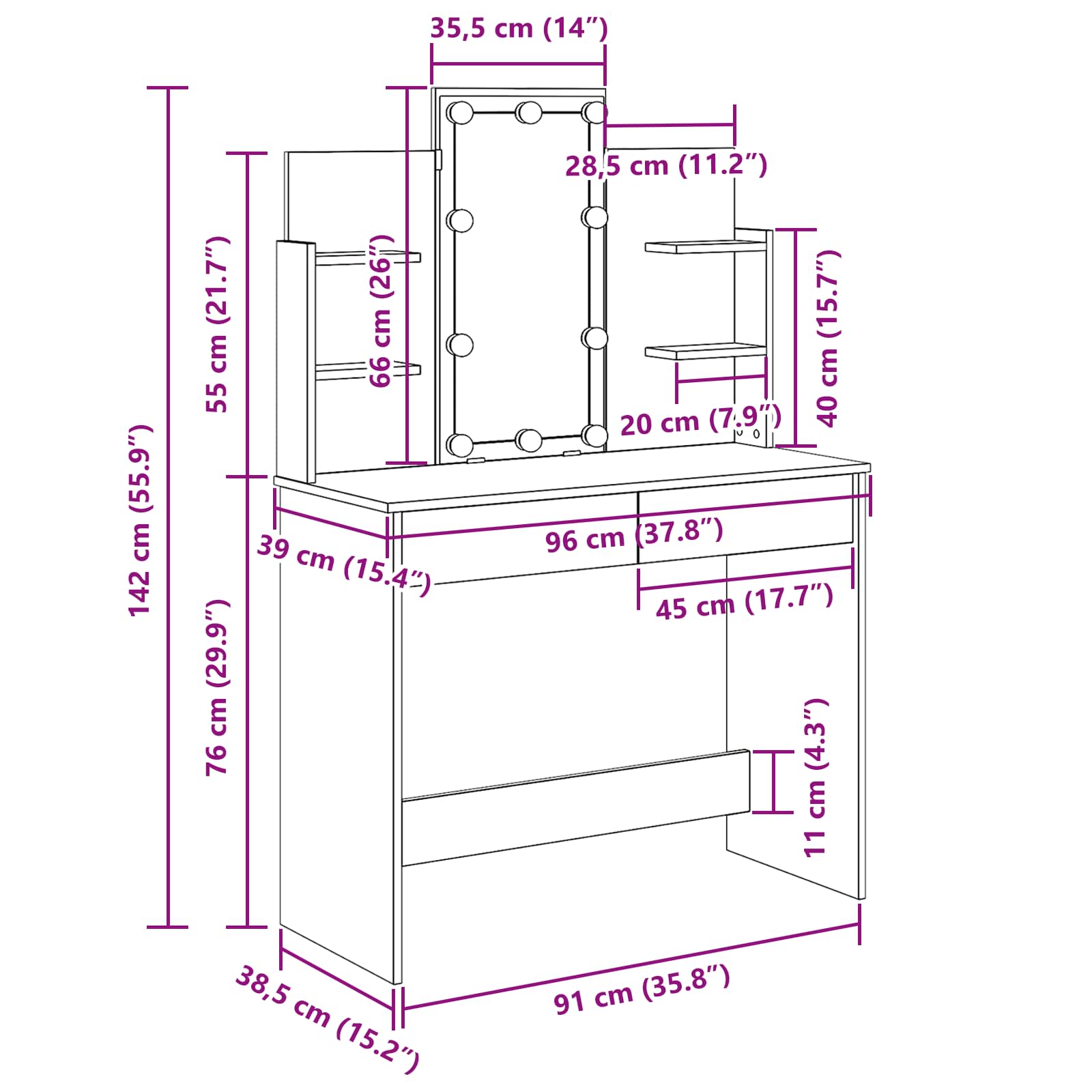 Schminktisch Schwarz Eichen-Optik 96 x 39 x 142 cm