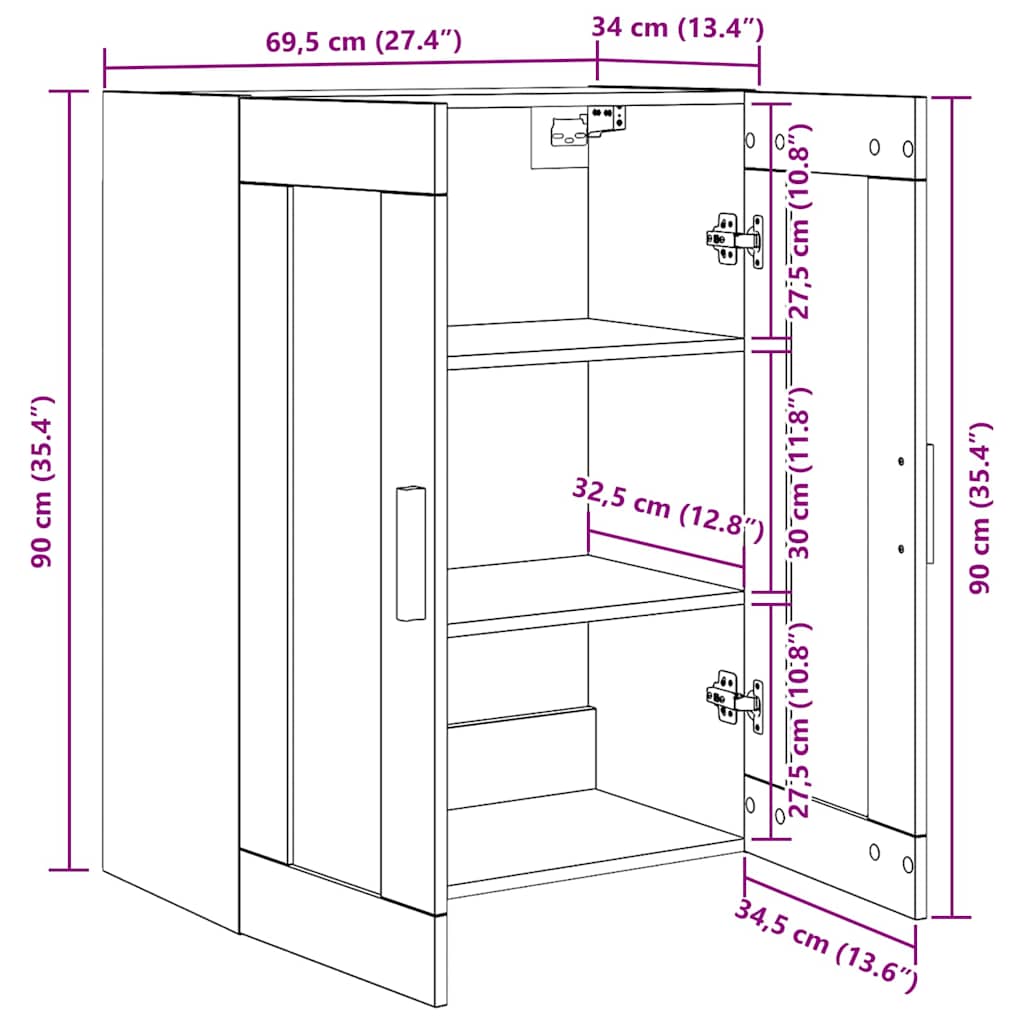 Wandschrank Schwarz Eichen-Optik 69,5 x 34 x 90 cm