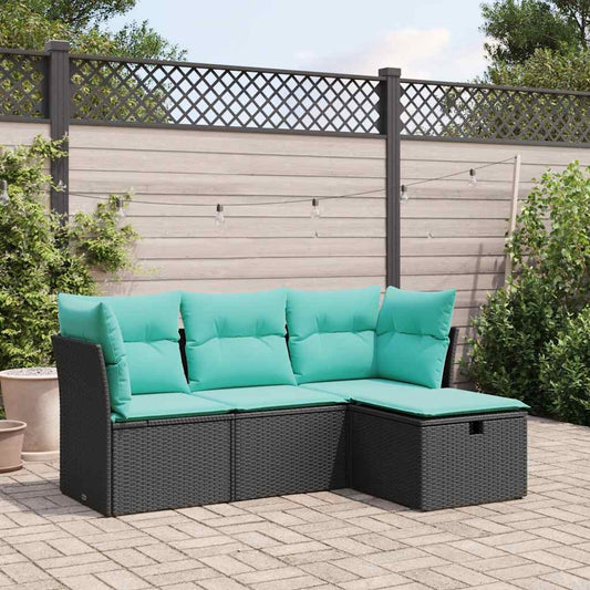 4-tlg. Garten-Sofagarnitur mit Kissen Schwarz Poly Rattan