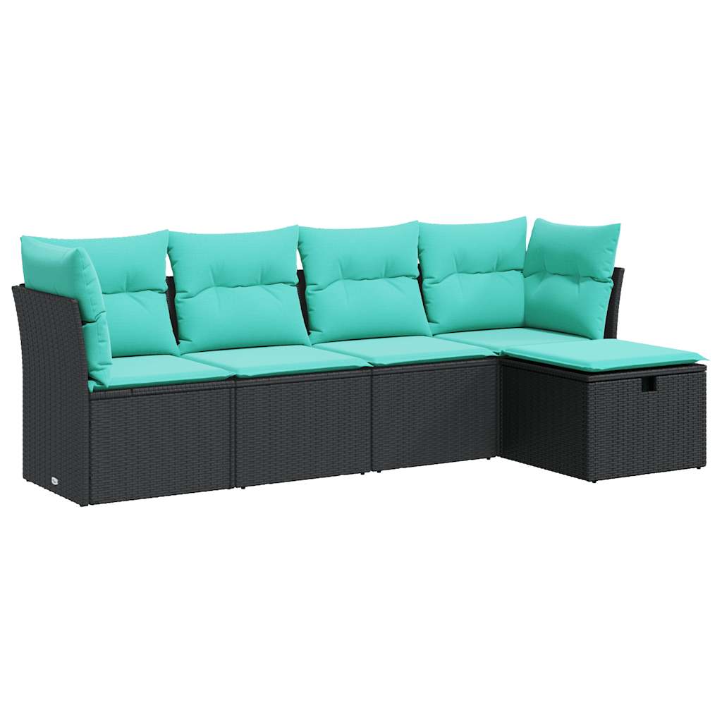 5-tlg. Garten-Sofagarnitur mit Kissen Schwarz Poly Rattan