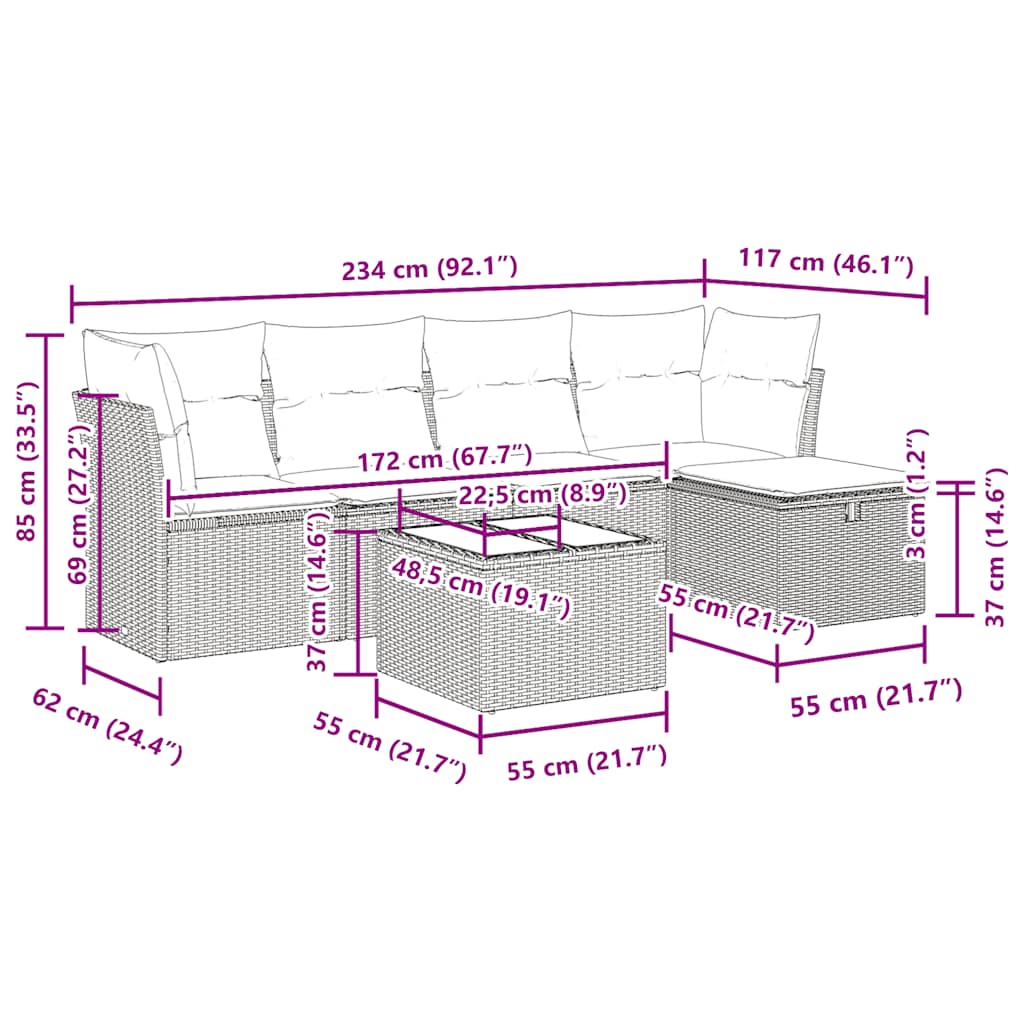 6-tlg. Garten-Sofagarnitur mit Kissen Schwarz Poly Rattan
