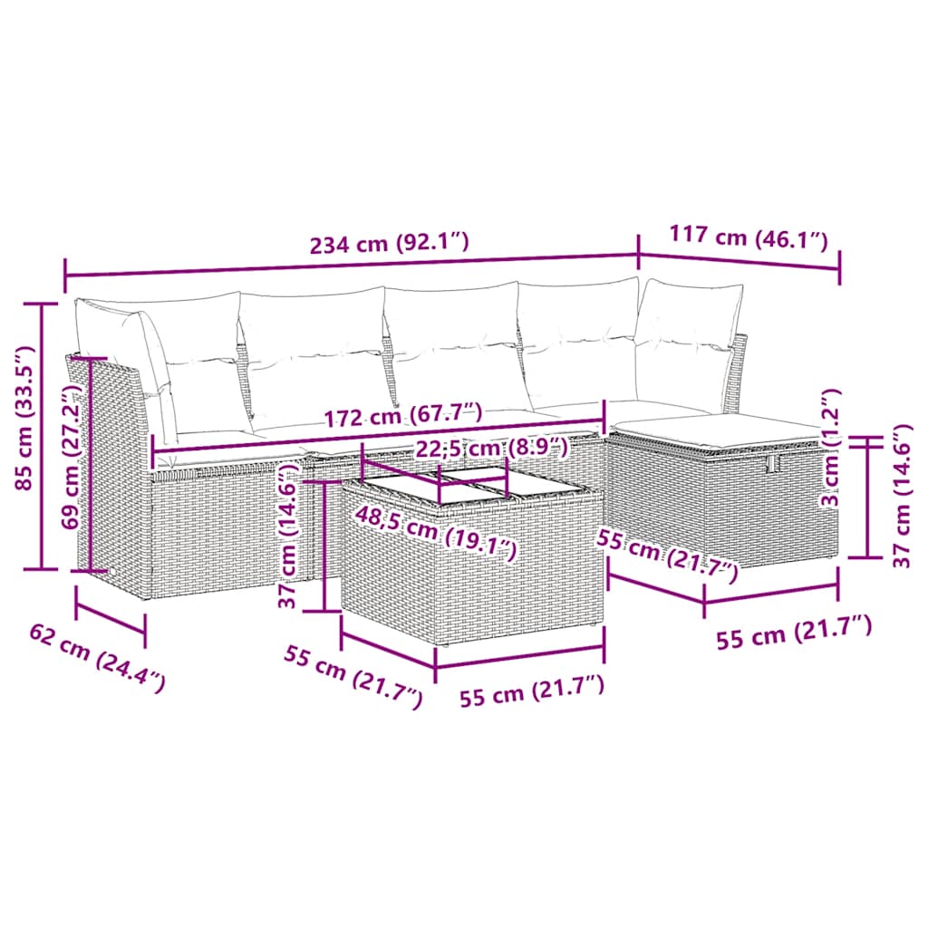 6-tlg. Garten-Sofagarnitur mit Kissen Braun Poly Rattan