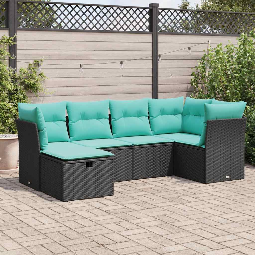 6-tlg. Garten-Sofagarnitur mit Kissen Schwarz Poly Rattan