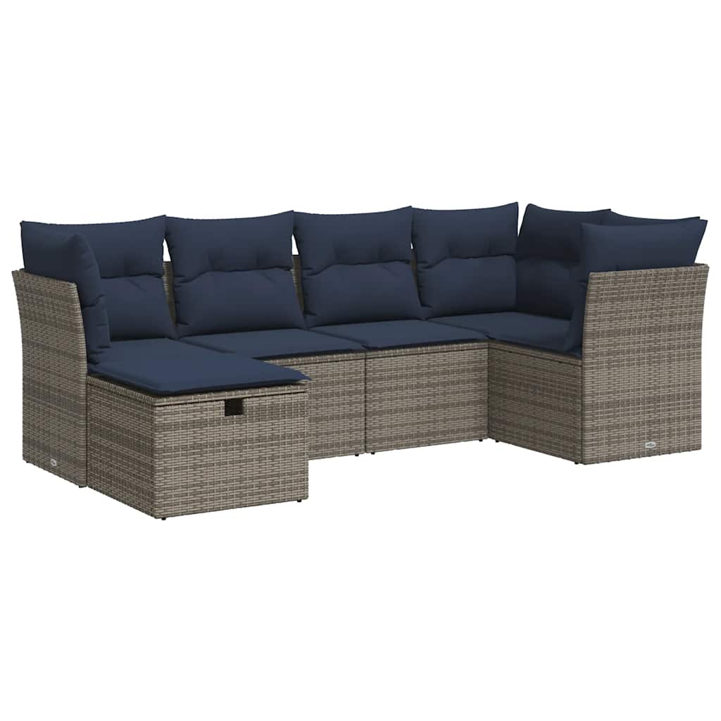 6-tlg. Garten-Sofagarnitur mit Kissen Grau Poly Rattan