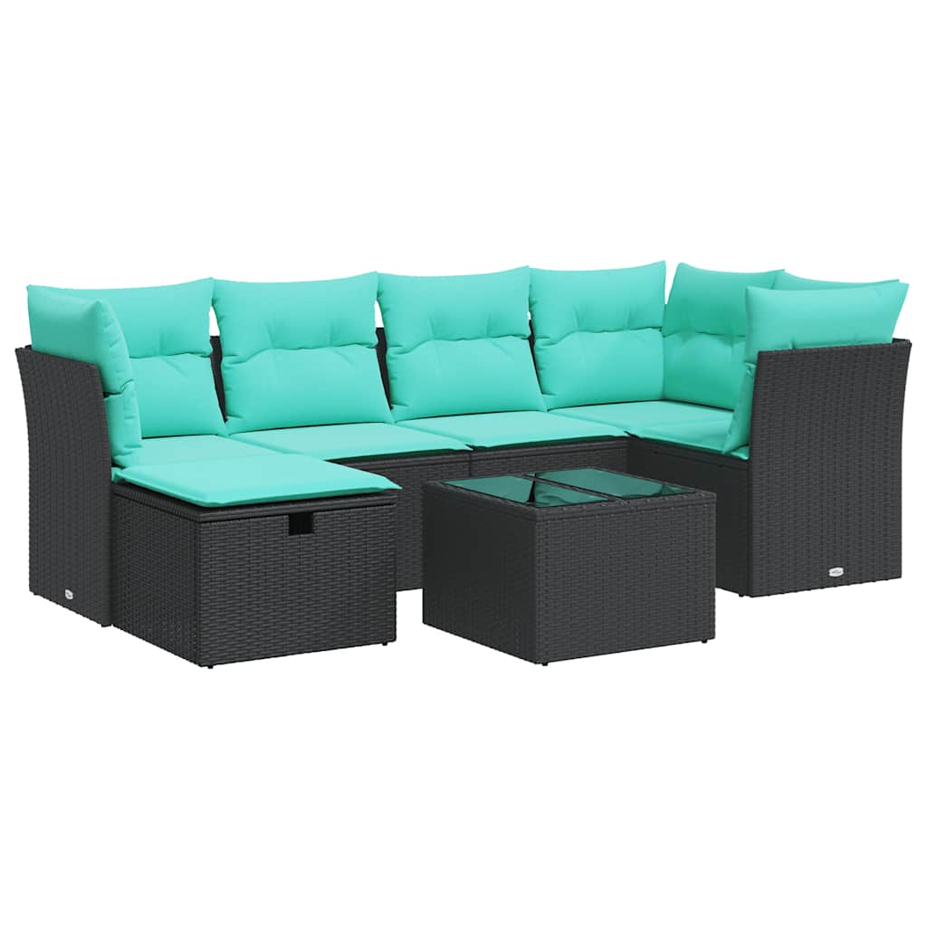 7-tlg. Garten-Sofagarnitur mit Kissen Schwarz Poly Rattan