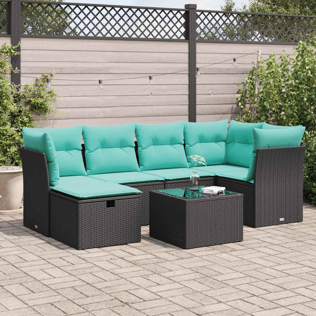 7-tlg. Garten-Sofagarnitur mit Kissen Schwarz Poly Rattan