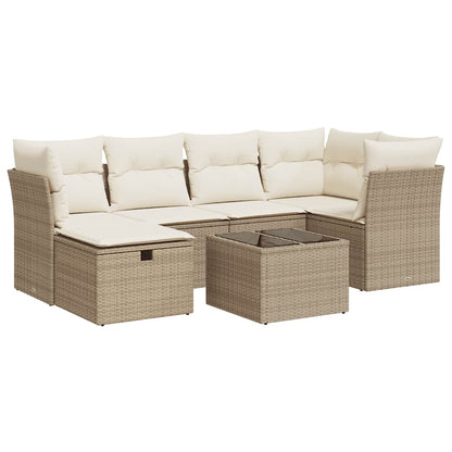 7-tlg. Garten-Sofagarnitur mit Kissen Beige Poly Rattan