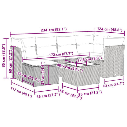 7-tlg. Garten-Sofagarnitur mit Kissen Grau Poly Rattan