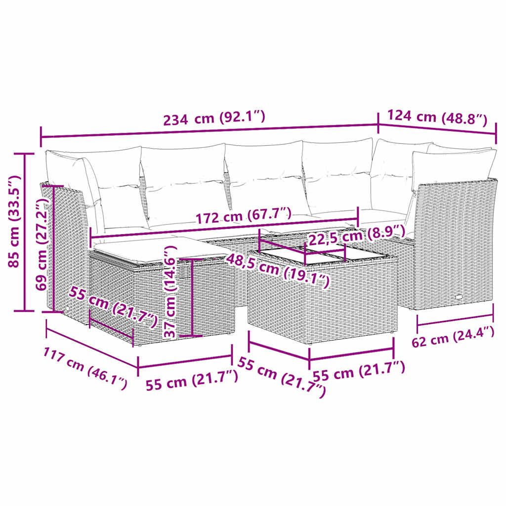 7-tlg. Garten-Sofagarnitur mit Kissen Braun Poly Rattan