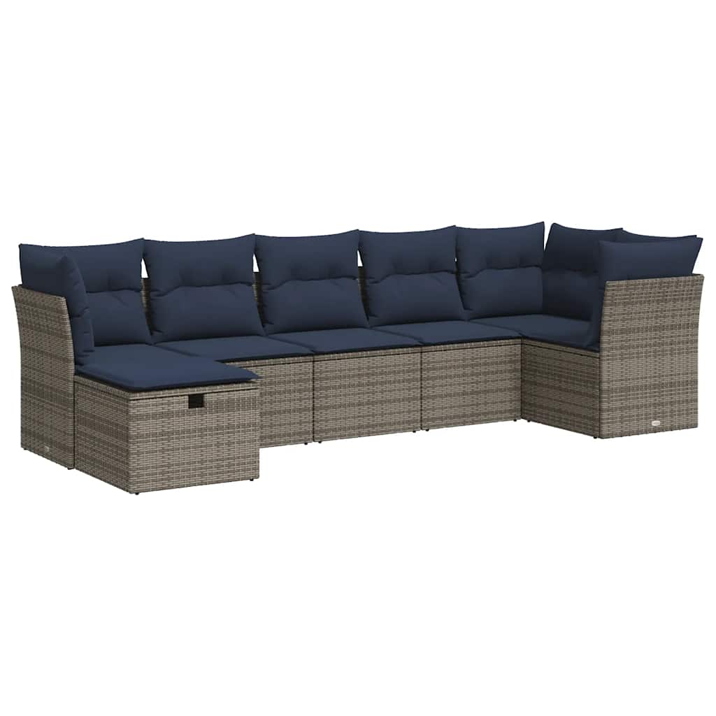 7-tlg. Garten-Sofagarnitur mit Kissen Grau Poly Rattan