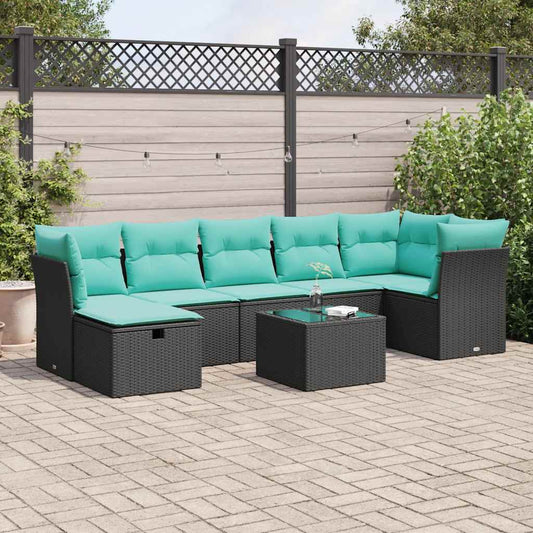 8-tlg. Garten-Sofagarnitur mit Kissen Schwarz Poly Rattan