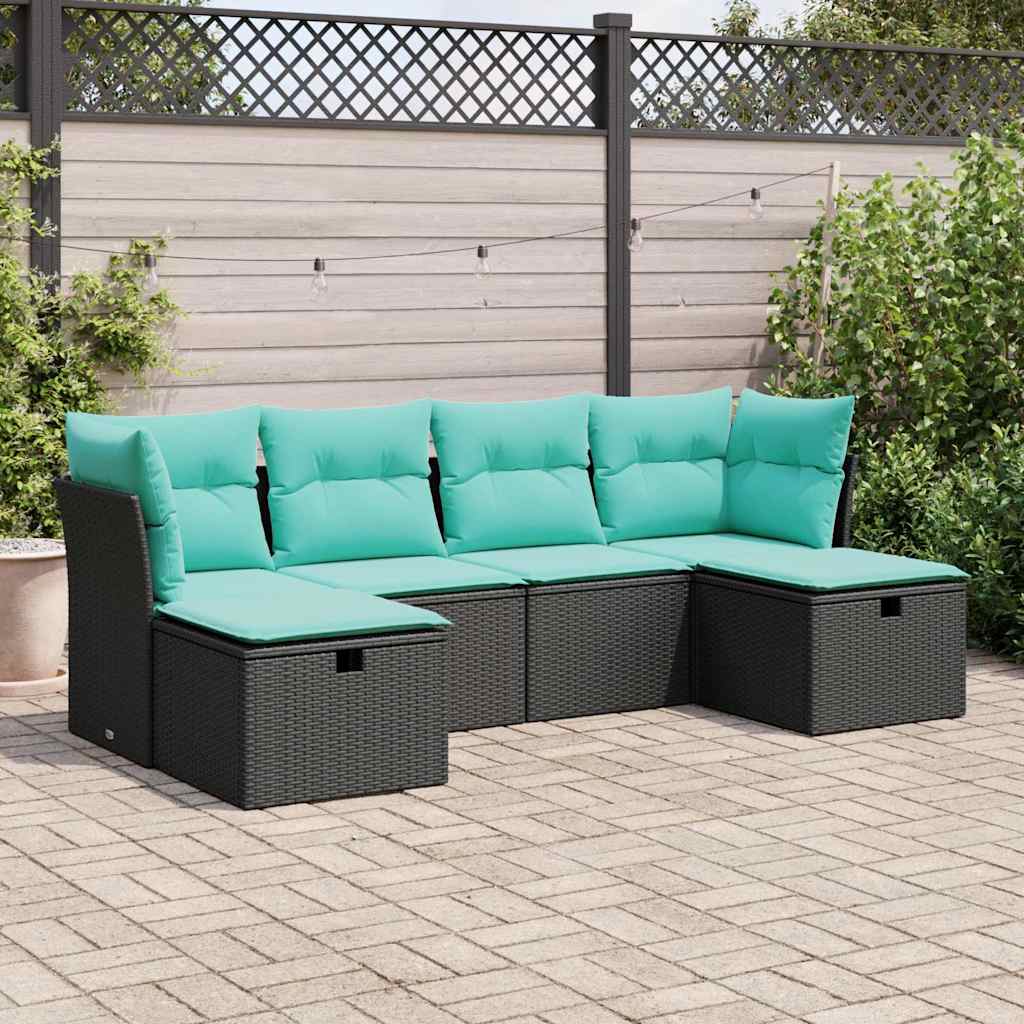6-tlg. Garten-Sofagarnitur mit Kissen Schwarz Poly Rattan