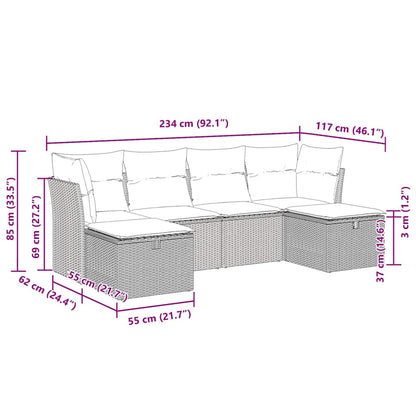 6-tlg. Garten-Sofagarnitur mit Kissen Braun Poly Rattan