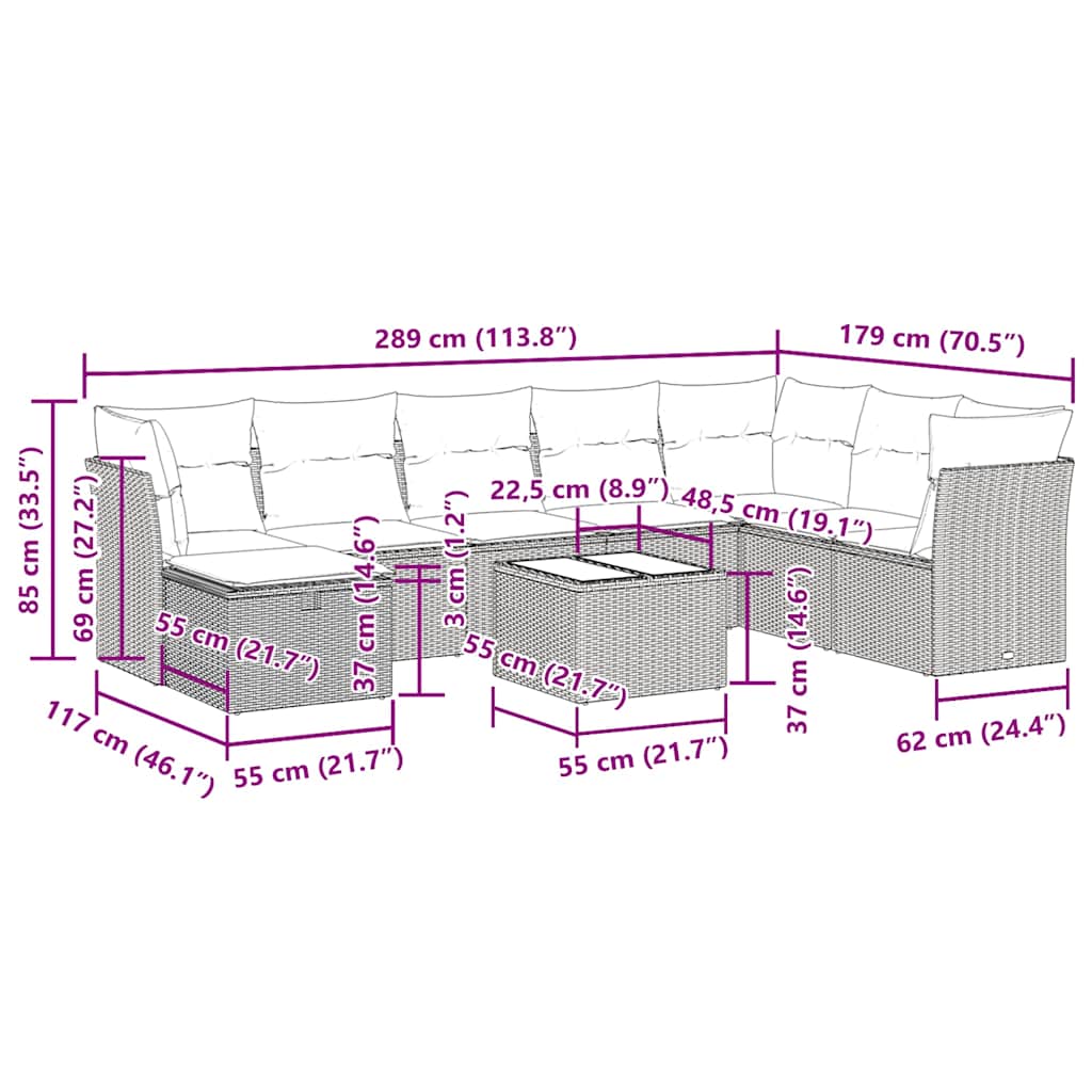 9-tlg. Garten-Sofagarnitur mit Kissen Schwarz Poly Rattan