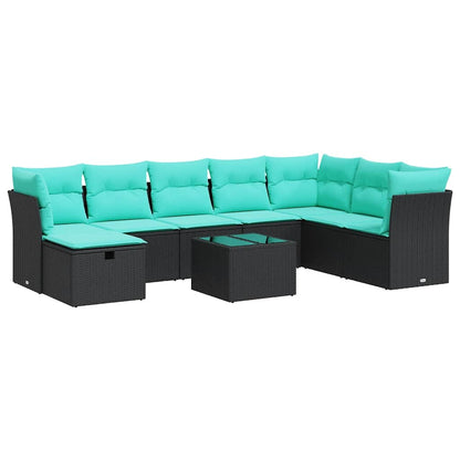 9-tlg. Garten-Sofagarnitur mit Kissen Schwarz Poly Rattan