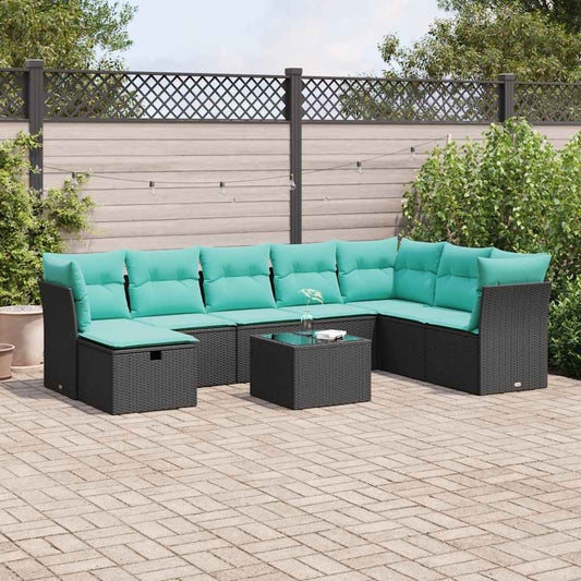 9-tlg. Garten-Sofagarnitur mit Kissen Schwarz Poly Rattan