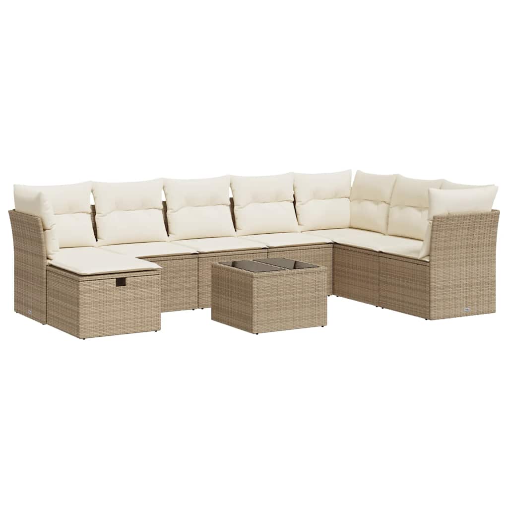 9-tlg. Garten-Sofagarnitur mit Kissen Beige Poly Rattan