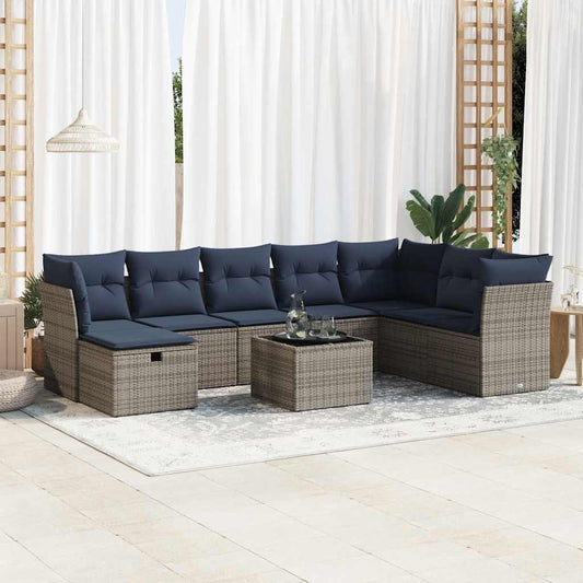 9-tlg. Garten-Sofagarnitur mit Kissen Grau Poly Rattan
