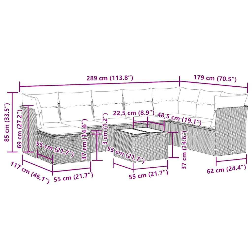 9-tlg. Garten-Sofagarnitur mit Kissen Braun Poly Rattan