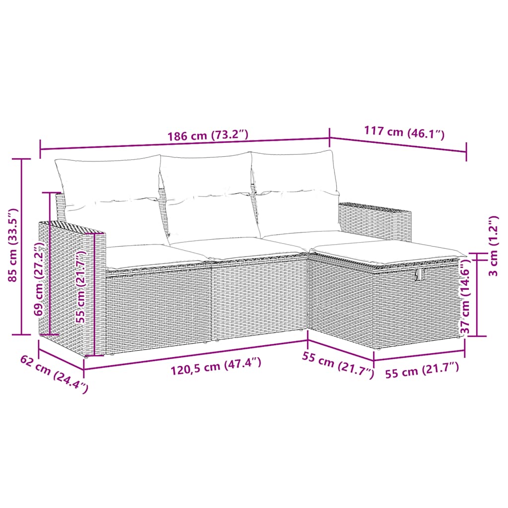 4-tlg. Garten-Sofagarnitur mit Kissen Beige Poly Rattan