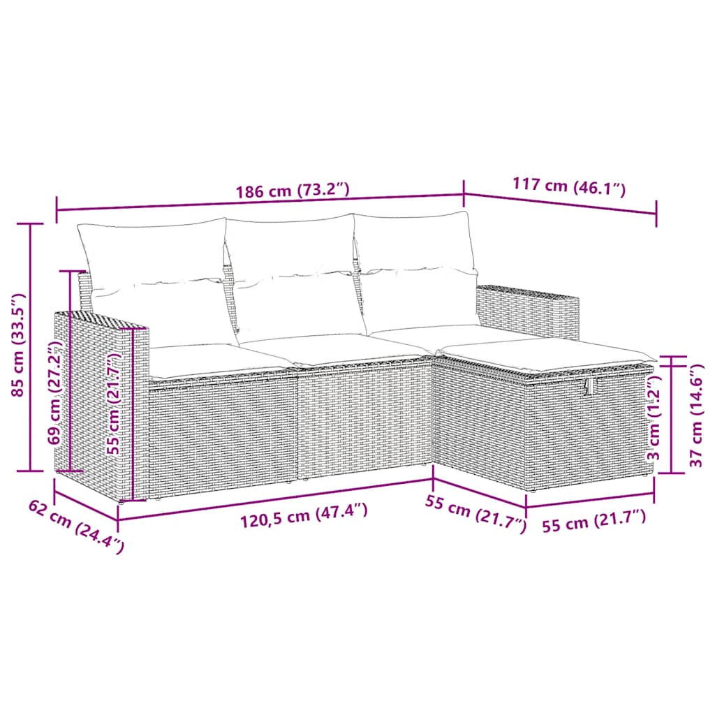 4-tlg. Garten-Sofagarnitur mit Kissen Grau Poly Rattan