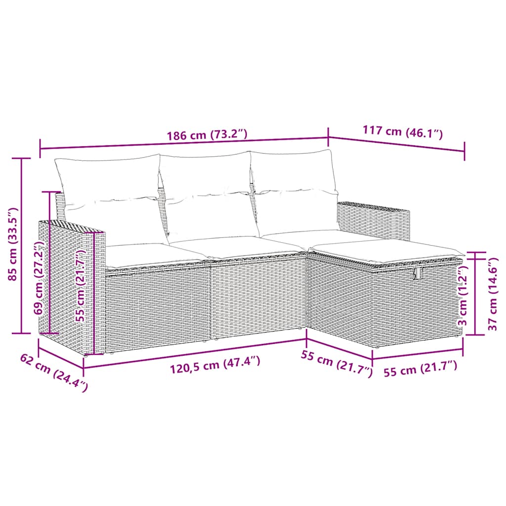4-tlg. Garten-Sofagarnitur mit Kissen Braun Poly Rattan