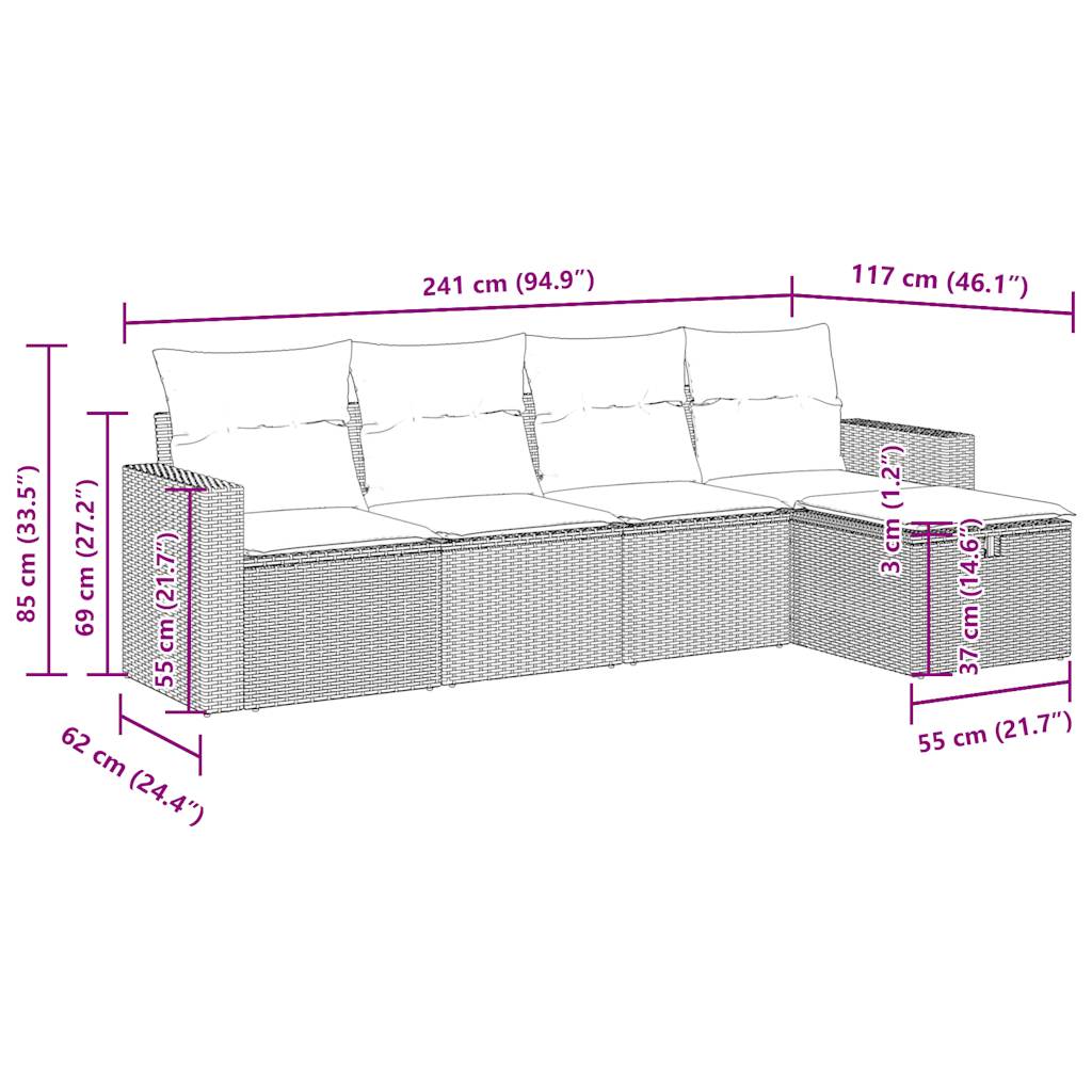 5-tlg. Garten-Sofagarnitur mit Kissen Schwarz Poly Rattan