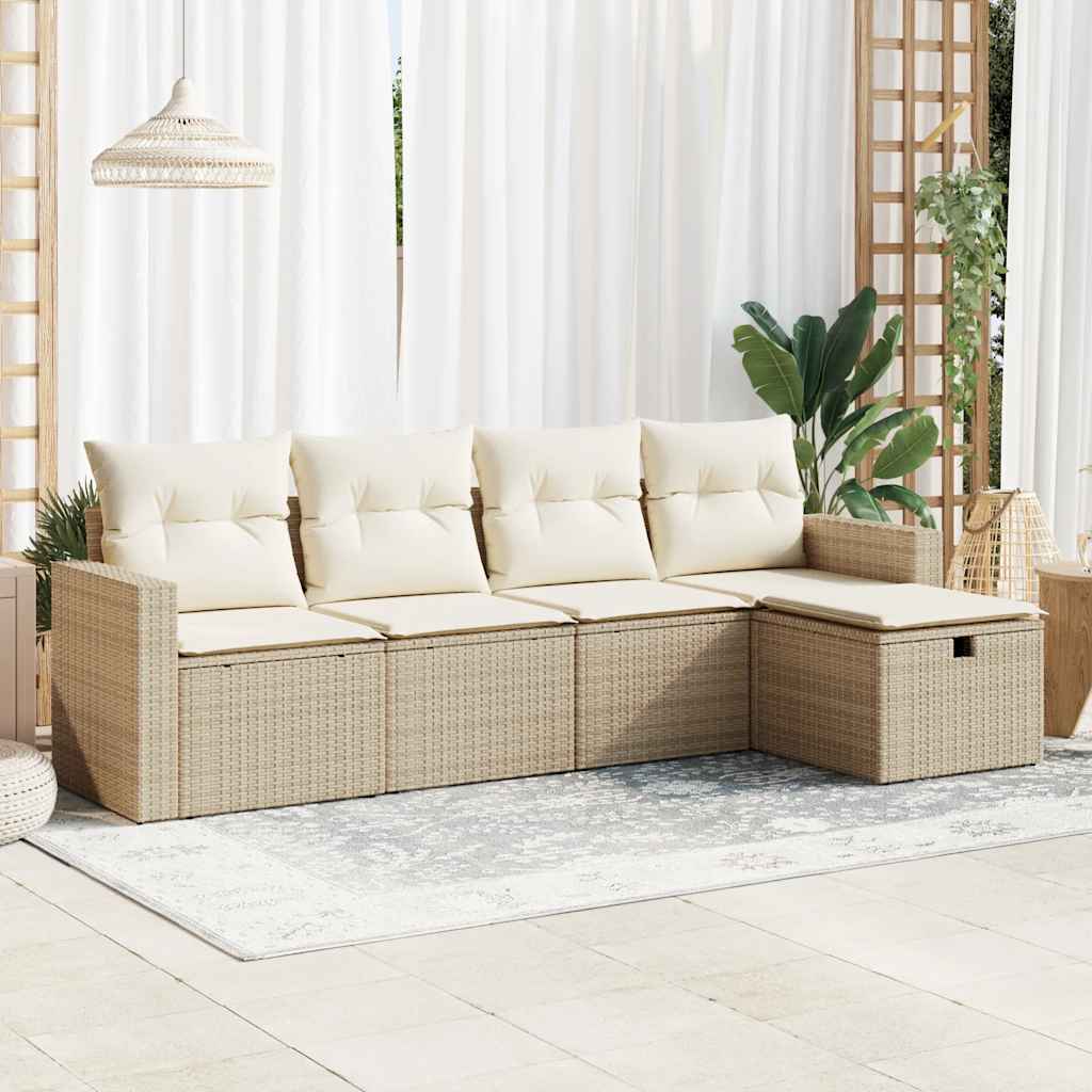 5-tlg. Garten-Sofagarnitur mit Kissen Beige Poly Rattan
