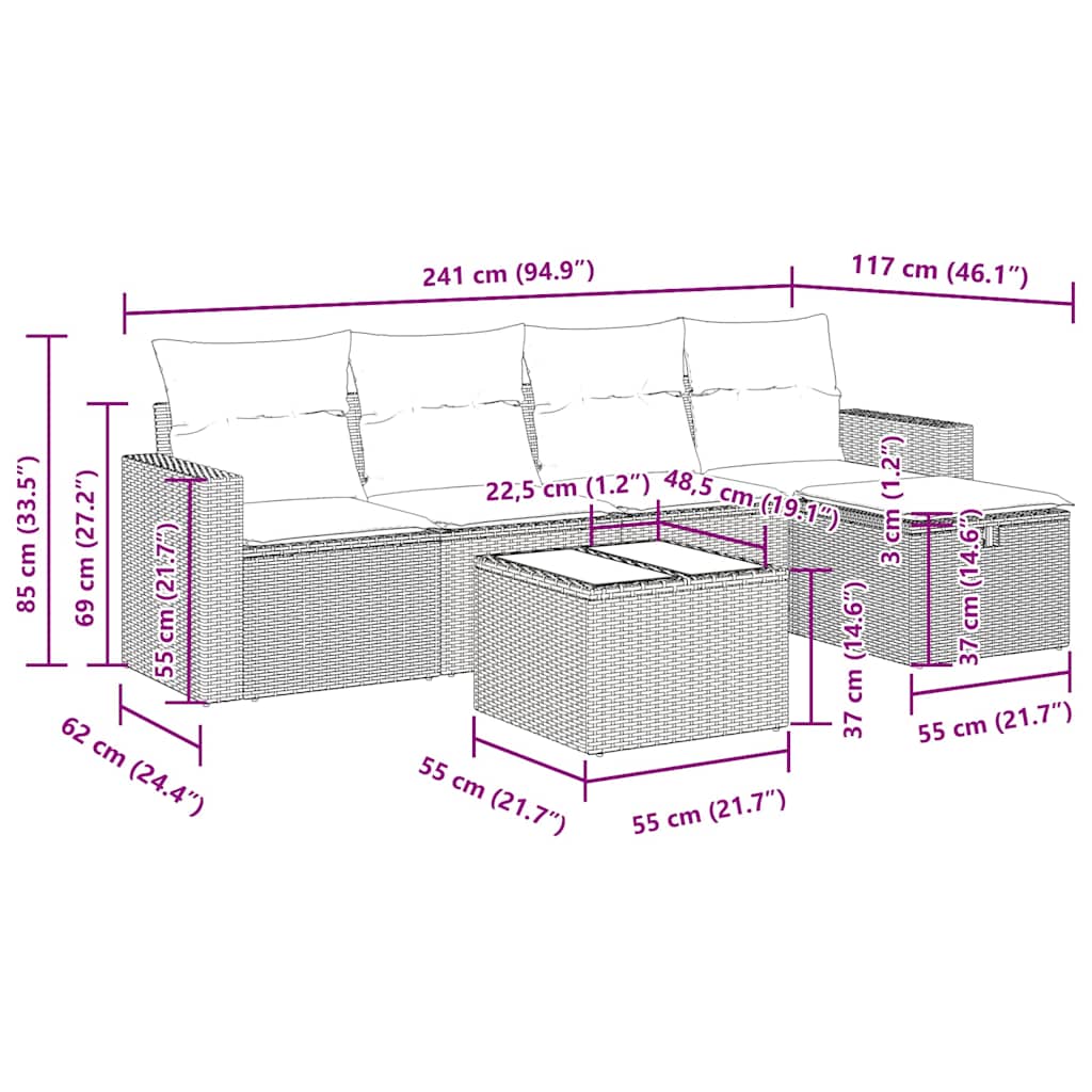6-tlg. Garten-Sofagarnitur mit Kissen Schwarz Poly Rattan