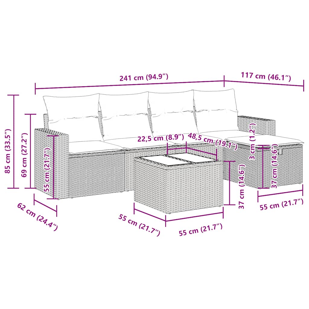 6-tlg. Garten-Sofagarnitur mit Kissen Beige Poly Rattan