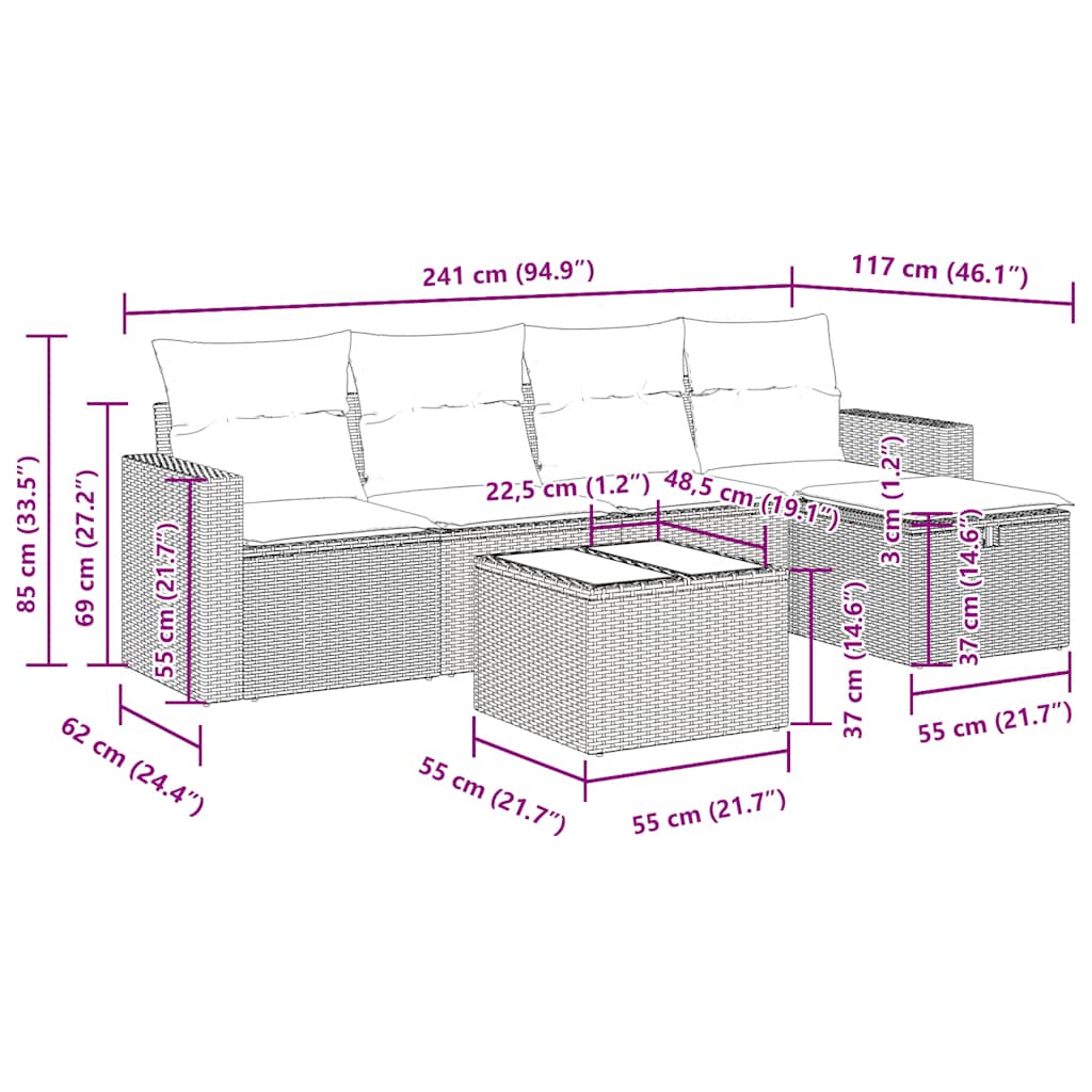 6-tlg. Garten-Sofagarnitur mit Kissen Beige Poly Rattan