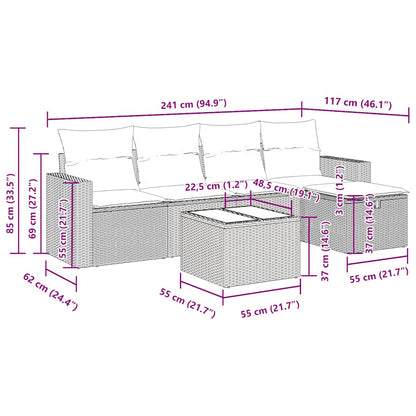 6-tlg. Garten-Sofagarnitur mit Kissen Grau Poly Rattan