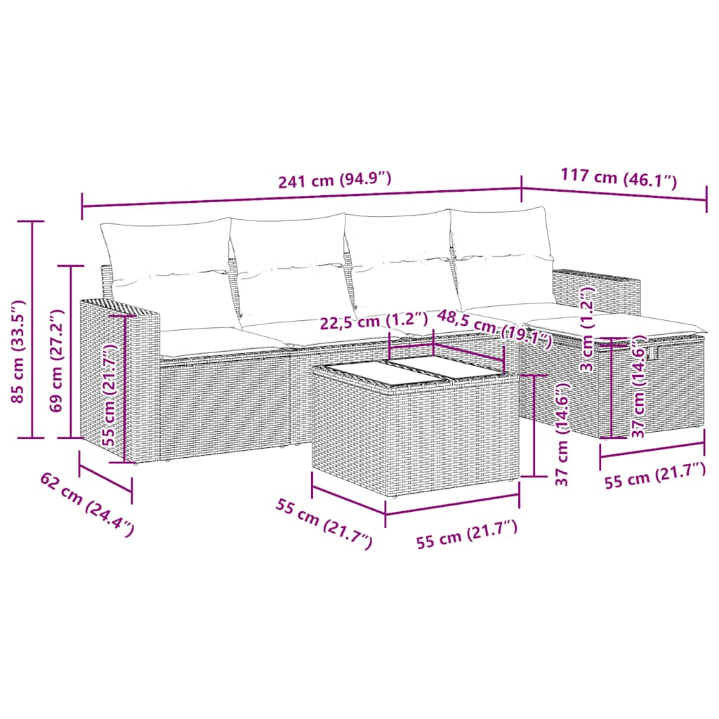 6-tlg. Garten-Sofagarnitur mit Kissen Braun Poly Rattan