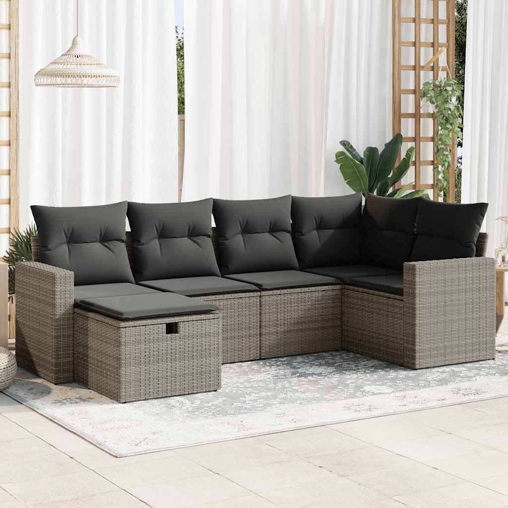 6-tlg. Garten-Sofagarnitur mit Kissen Grau Poly Rattan