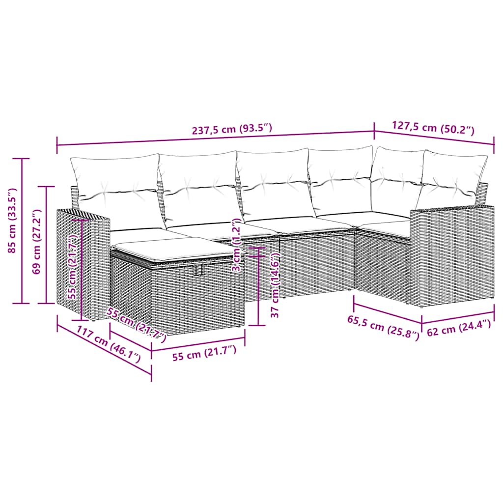 6-tlg. Garten-Sofagarnitur mit Kissen Grau Poly Rattan