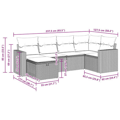 6-tlg. Garten-Sofagarnitur mit Kissen Grau Poly Rattan