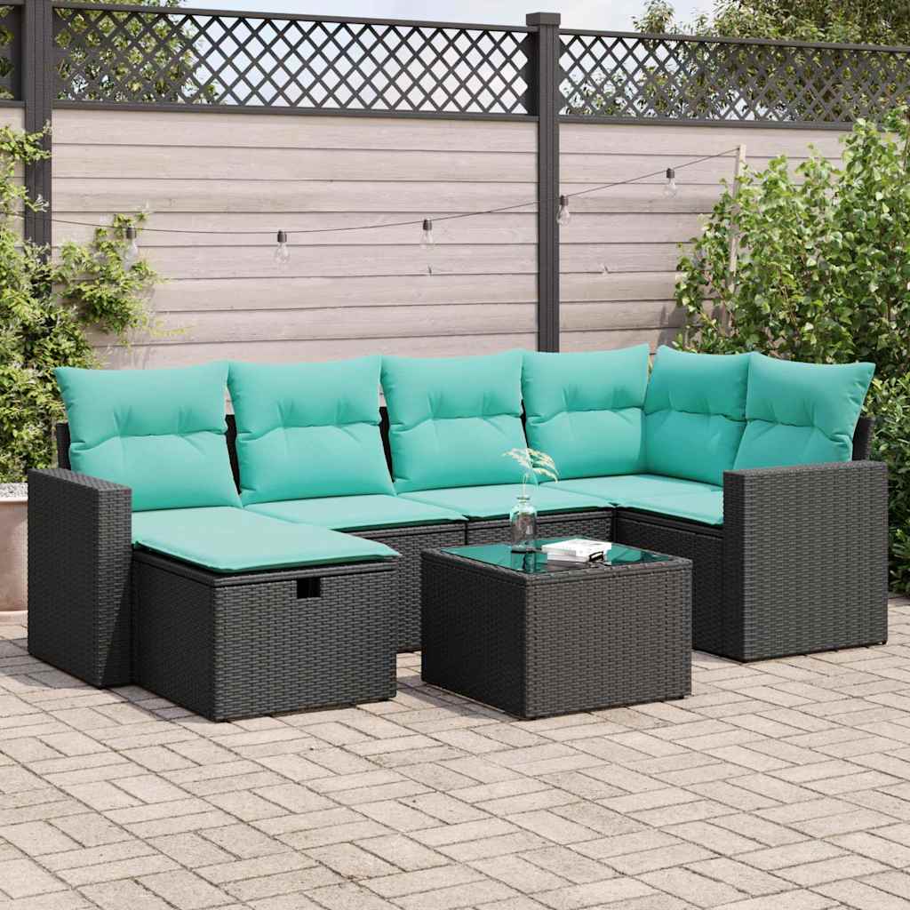 7-tlg. Garten-Sofagarnitur mit Kissen Schwarz Poly Rattan