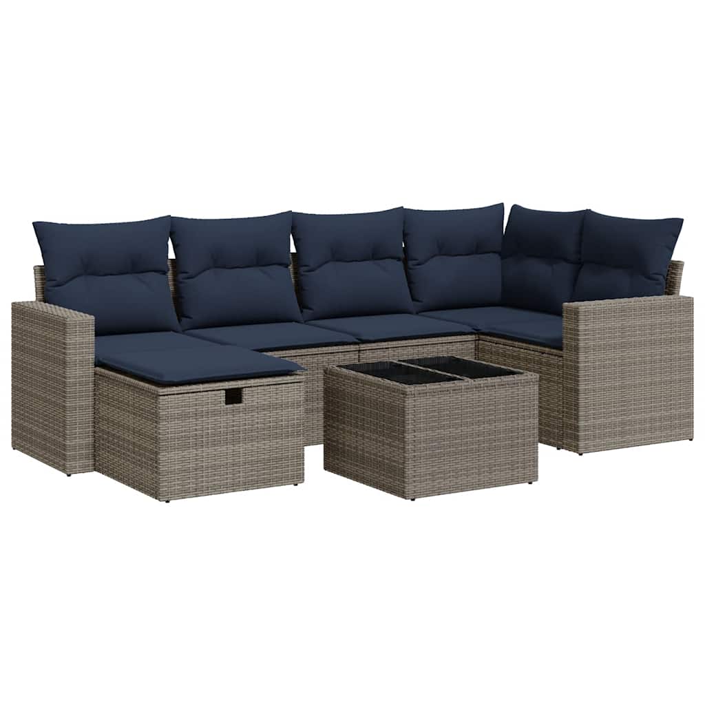 7-tlg. Garten-Sofagarnitur mit Kissen Grau Poly Rattan